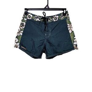 Blue Hawaii Unlined Board Shorts SZ 7 Green White Floral Turtles Sport Women's